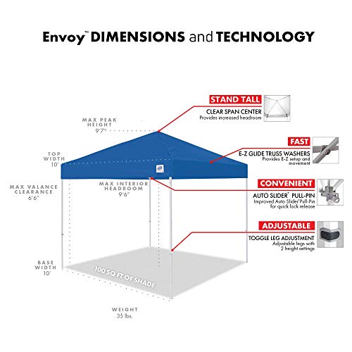 Envoy Instant Shelter Canopy. 10' x 10'. Roller Bag. 4-Piece Spike Set. Recreational Grade Royal Blue Top
