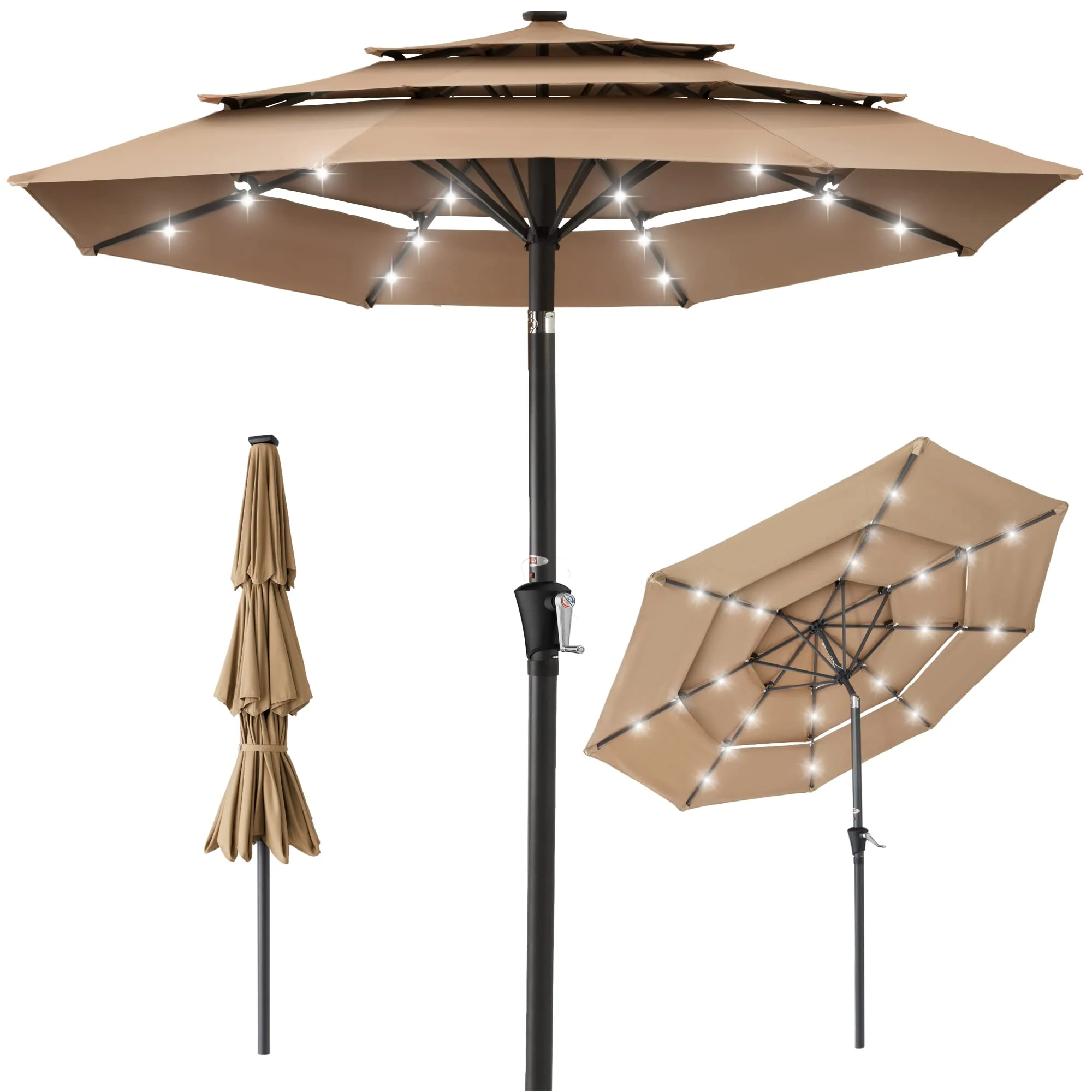 10ft 3-Tier Solar Patio Umbrella. Outdoor Market Sun Shade for Backyard