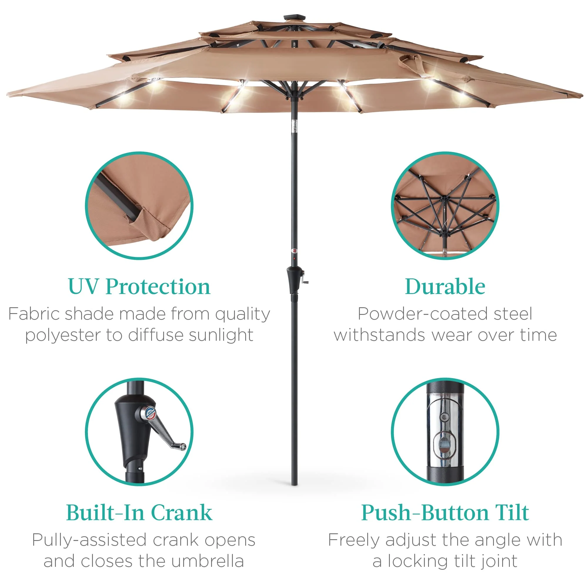 10ft 3-Tier Solar Patio Umbrella. Outdoor Market Sun Shade for Backyard