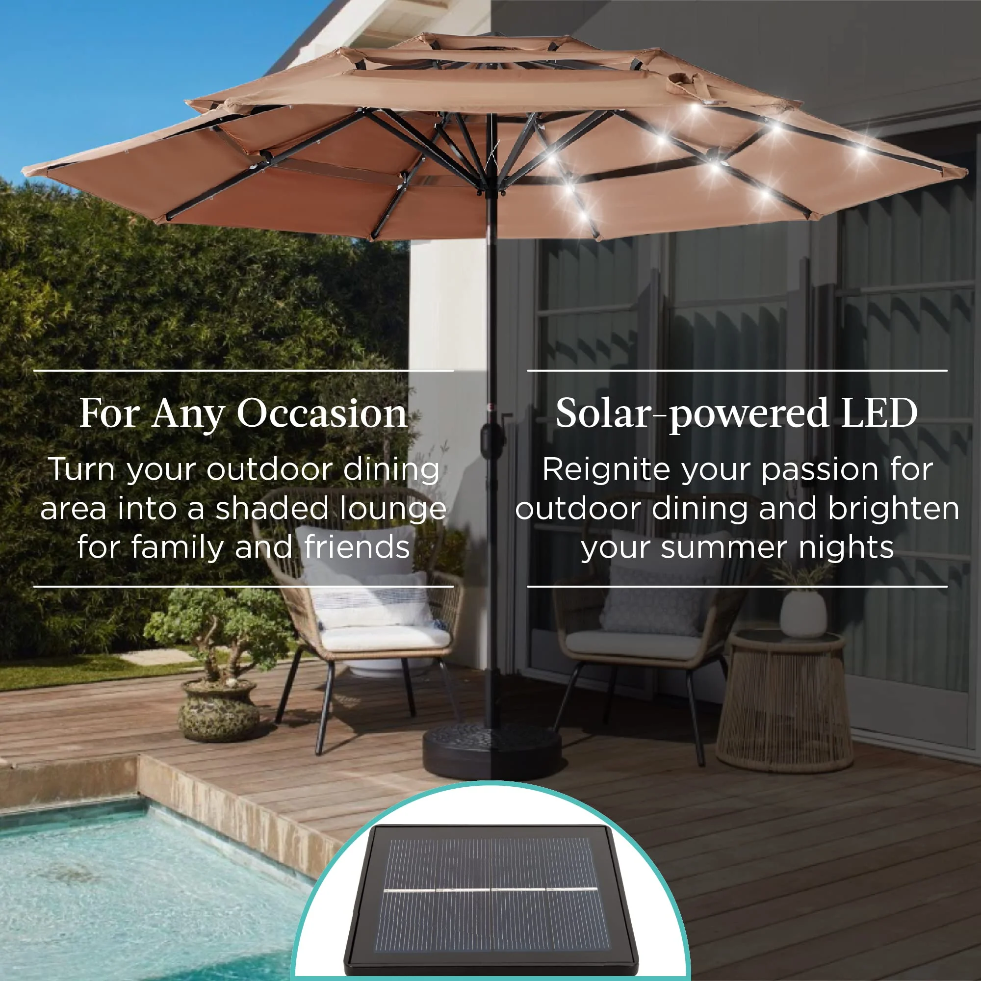 10ft 3-Tier Solar Patio Umbrella. Outdoor Market Sun Shade for Backyard