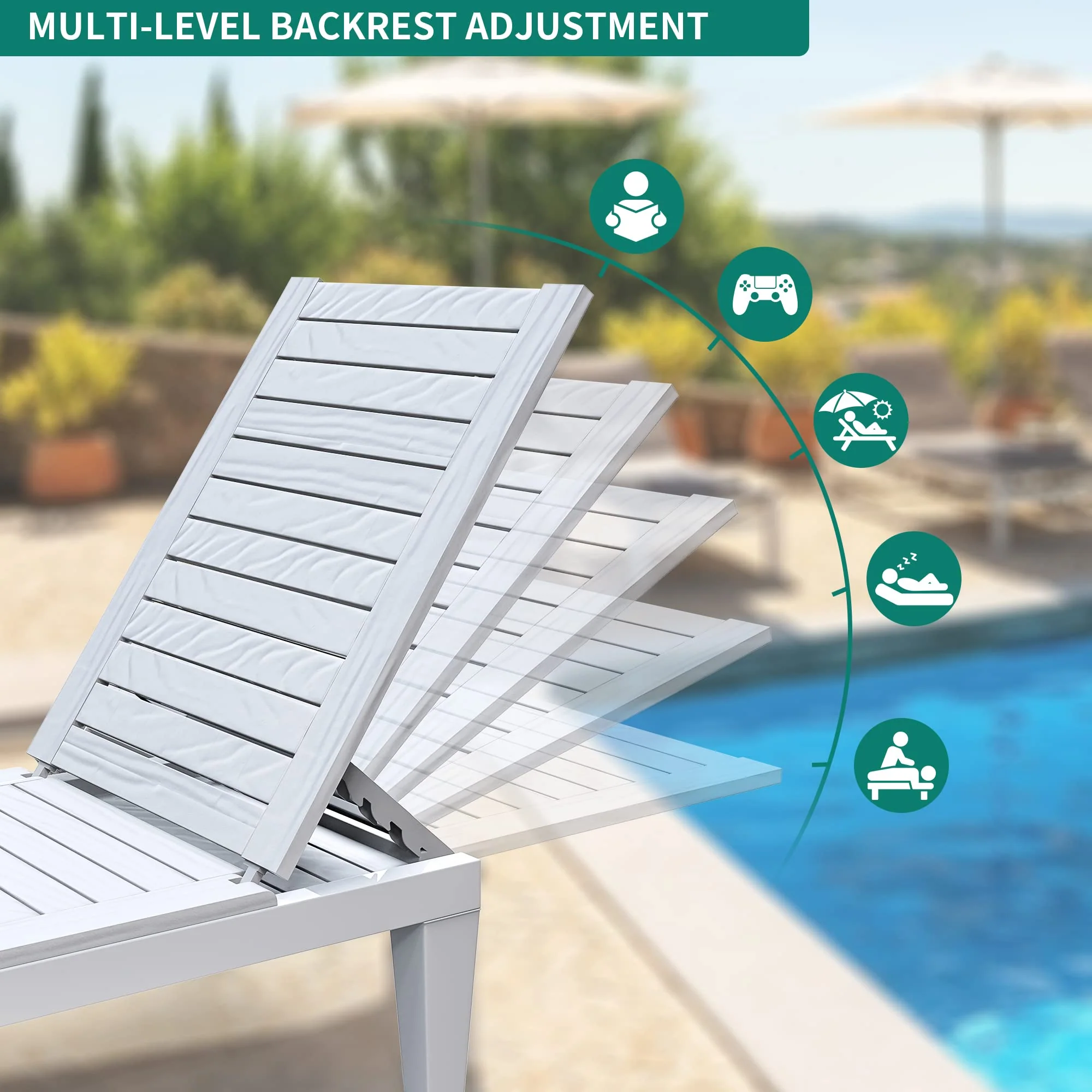 Outdoor Chaise Lounge Chairs Set of 4 with Adjustable Backrest. Sturdy Loungers