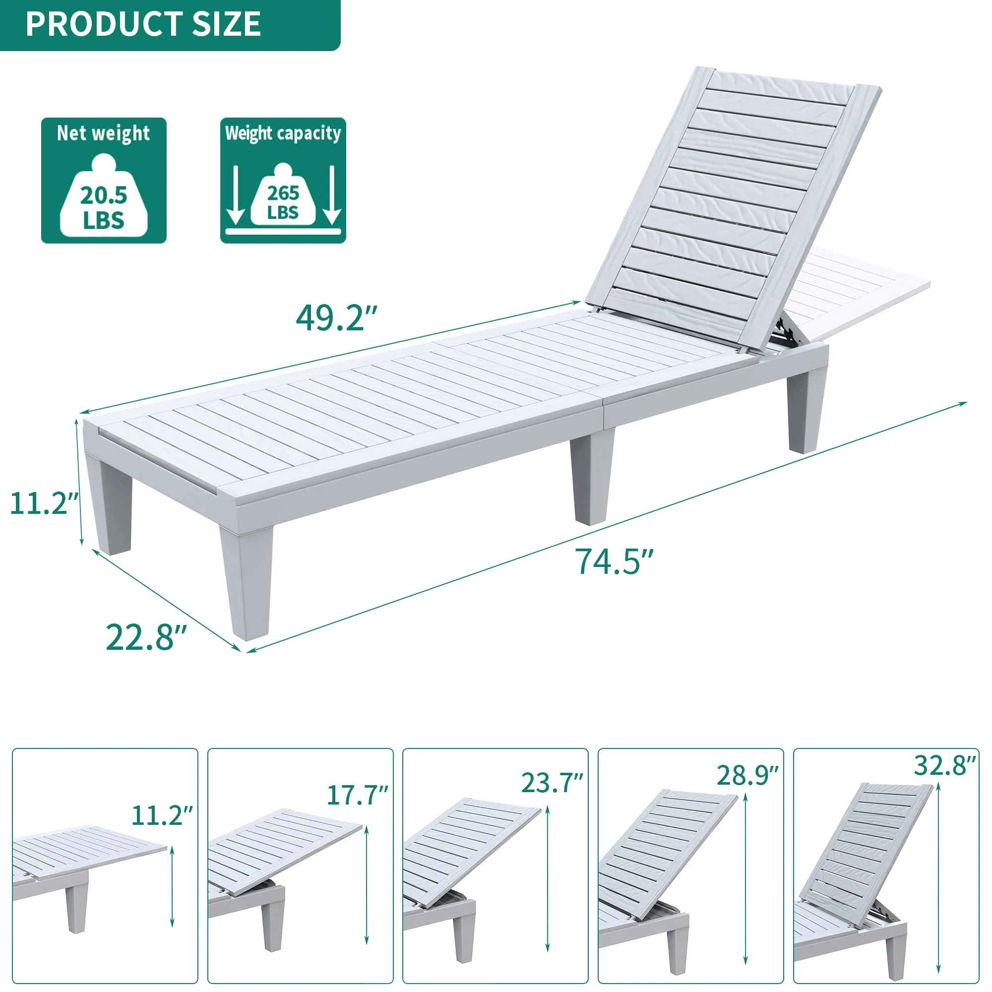 Outdoor Chaise Lounge Chairs Set of 4 with Adjustable Backrest. Sturdy Loungers